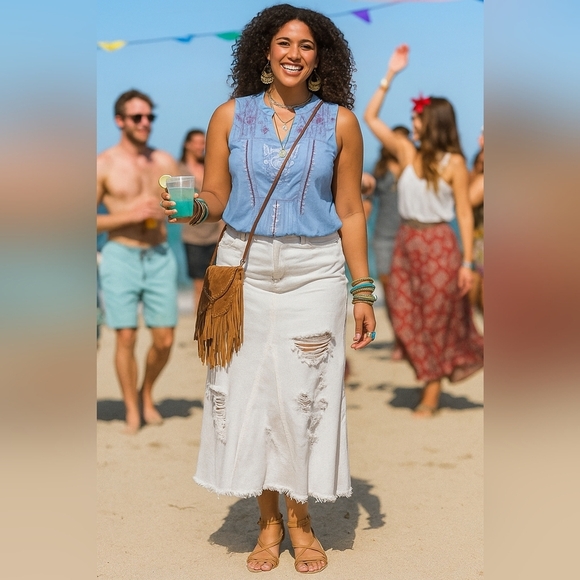 Boho Cotton 2X Knit Embroidered Lace Notch V-Neck Sleeveless Swing Tank Top - Picture 2 of 10